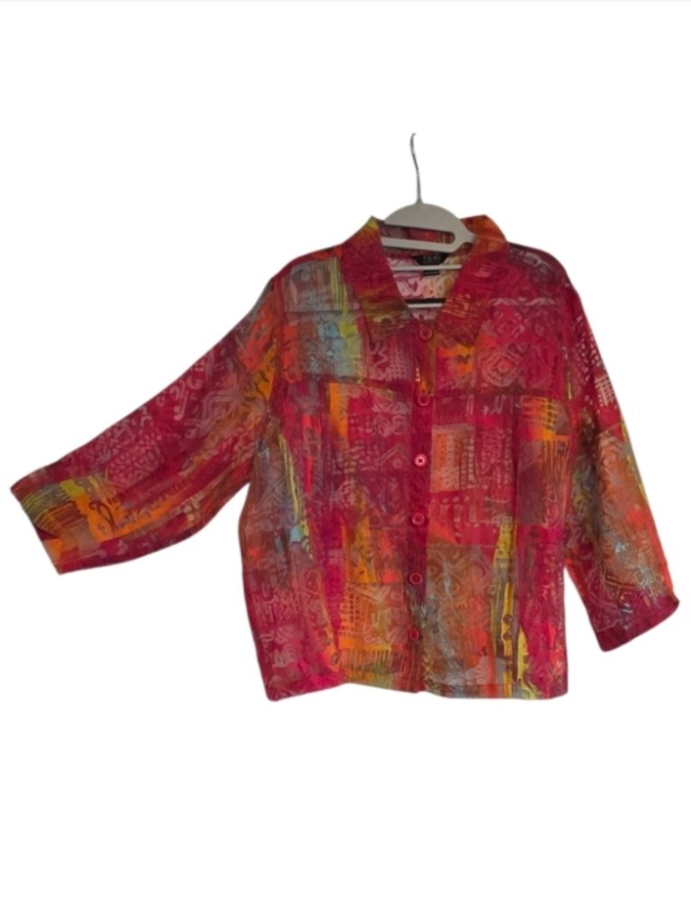 Toni Morgan Burnout Blouse Button Up Semi Sheer Shirt XL Linen Blend Geometric